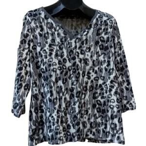 STUDIO WORKS Gray Glack Leopard Casual Career V-Neck 3/4 Sleeve Top Size XL